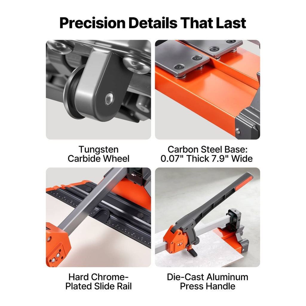 Tile cutter with tungsten carbide scoring wheel, chrome-plated rail, and die-cast handle