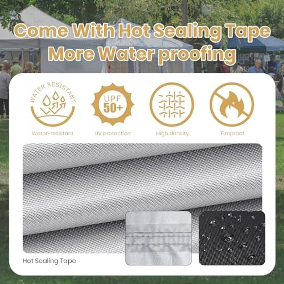 Canopy top cover fabric with hot-sealing tape for water-resistant seams