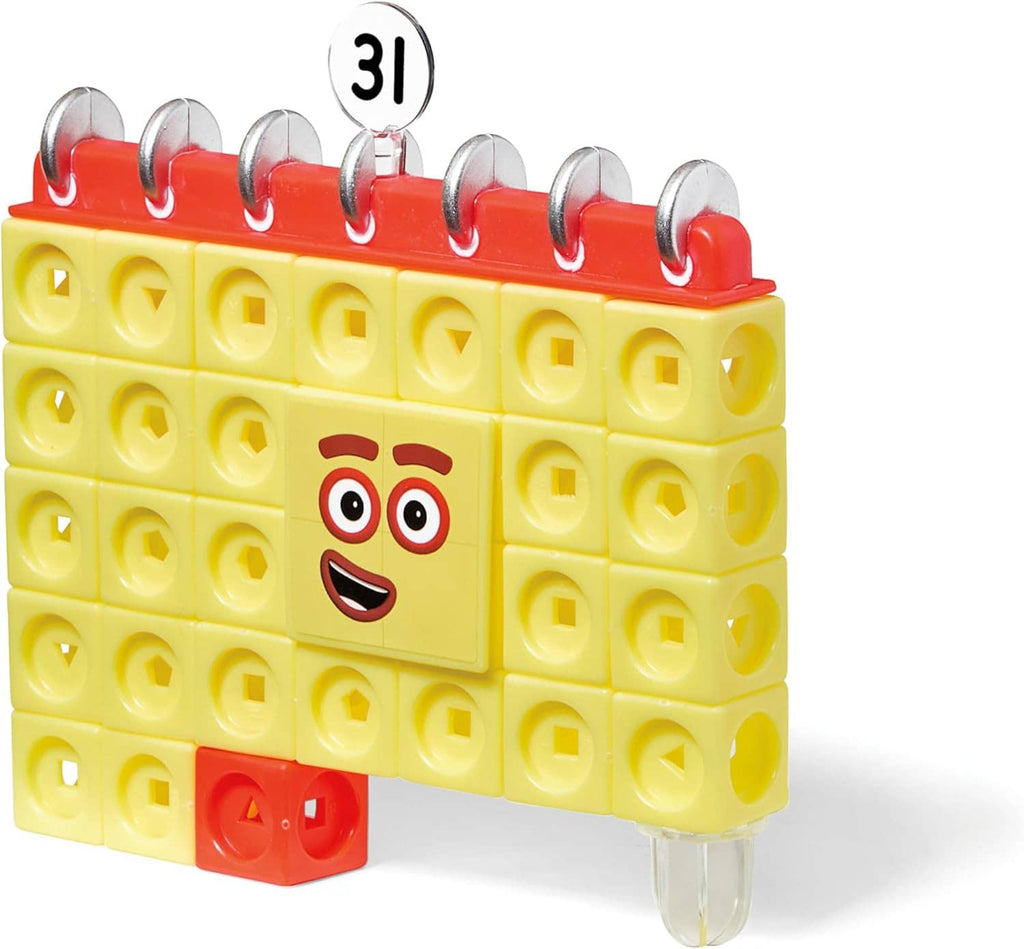 Yellow Numberblocks cube with smiling face and number 31 on hanging hook