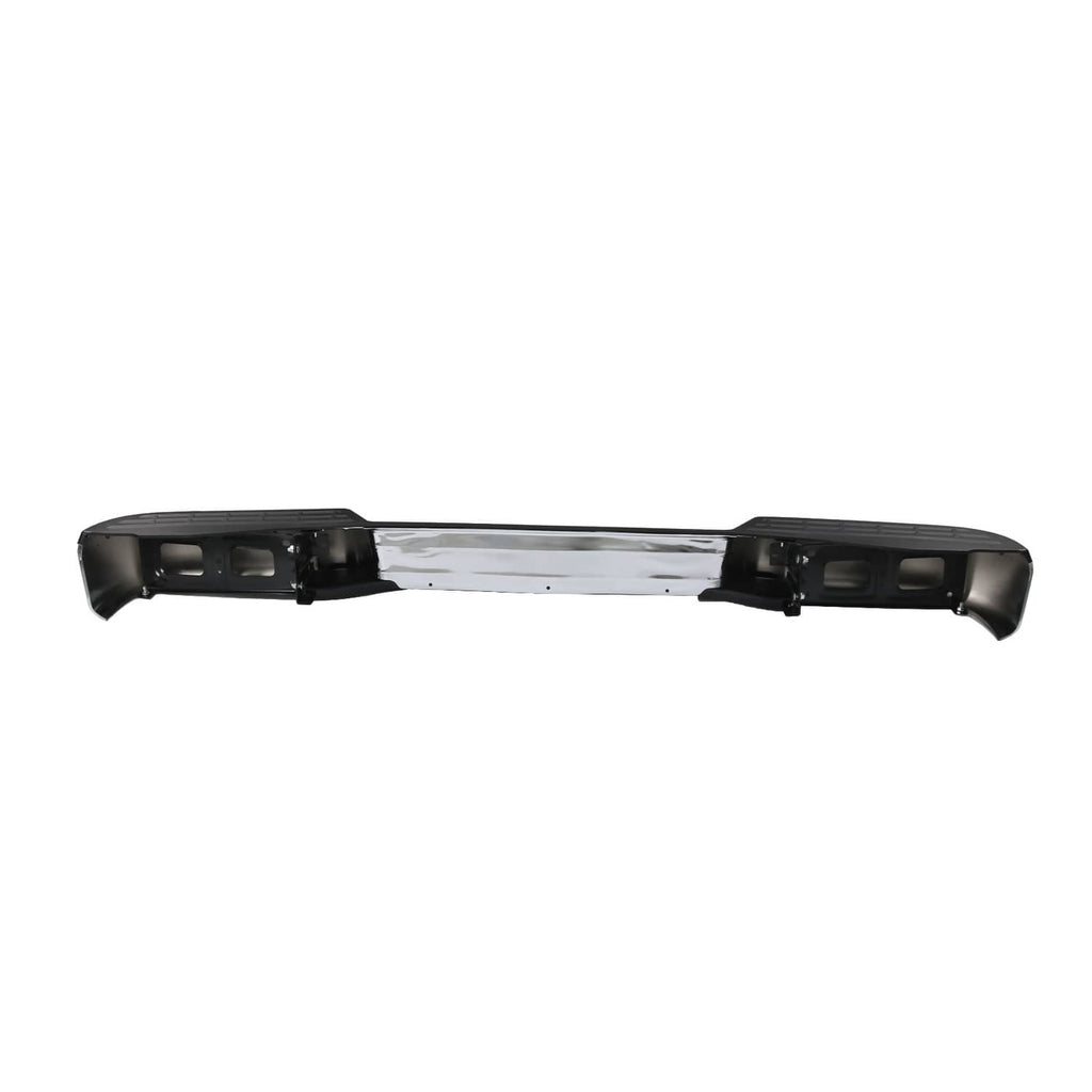Rear bumper assembly underside view with black brackets and silver center panel
