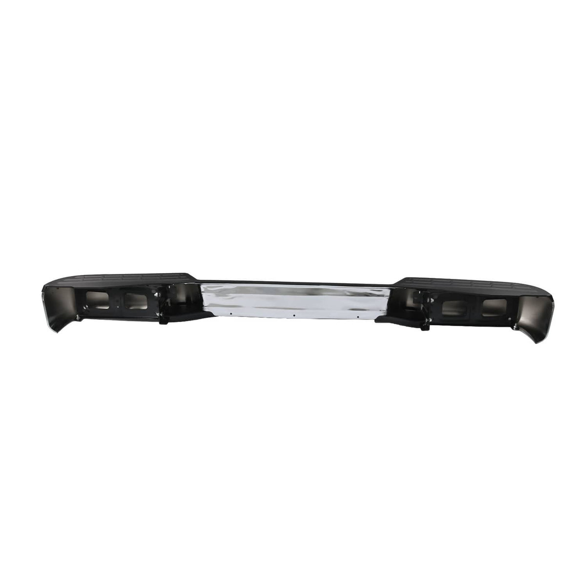 Rear bumper assembly underside view with black brackets and silver center panel
