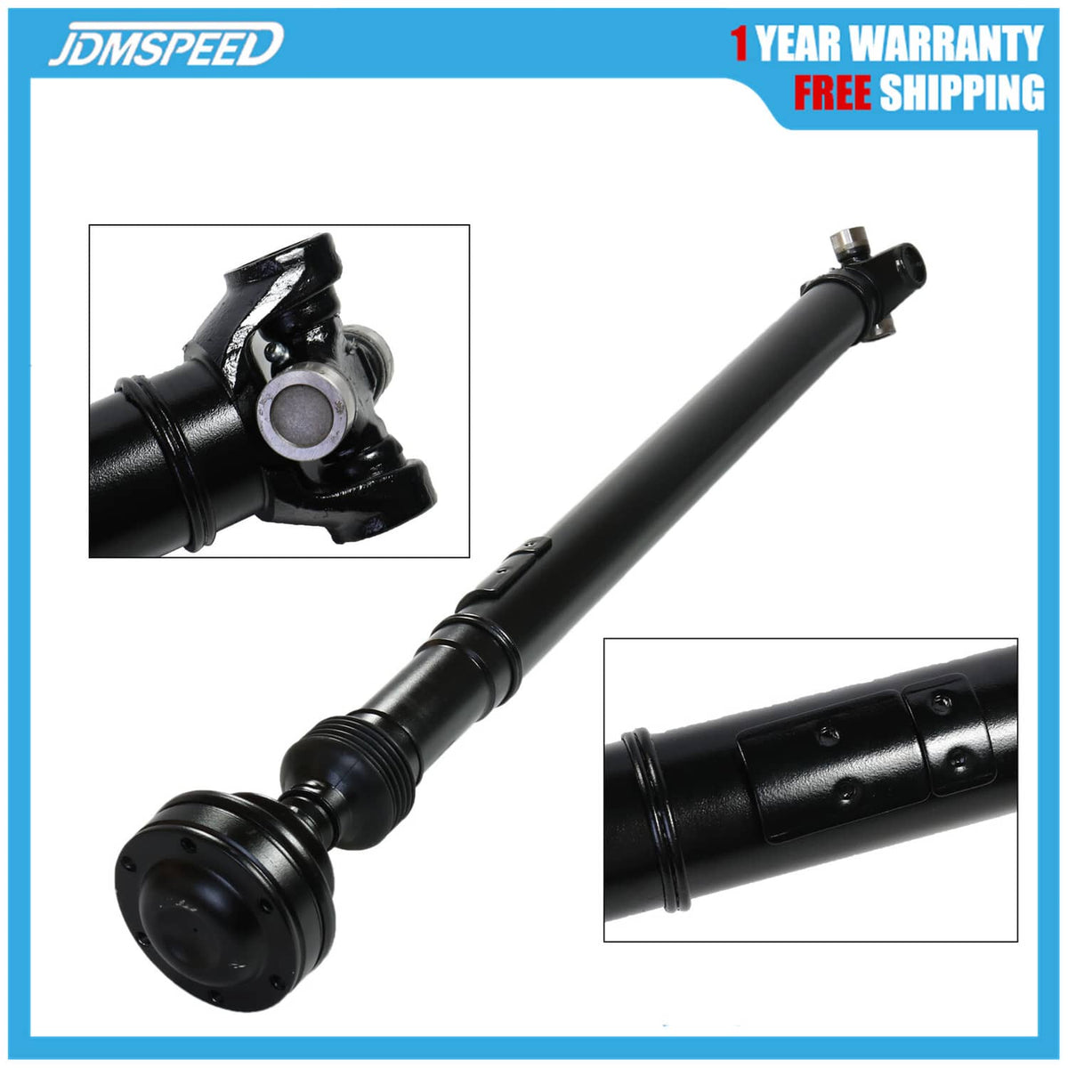 Front drive shaft propeller shaft with universal joint and mounting bracket, black.