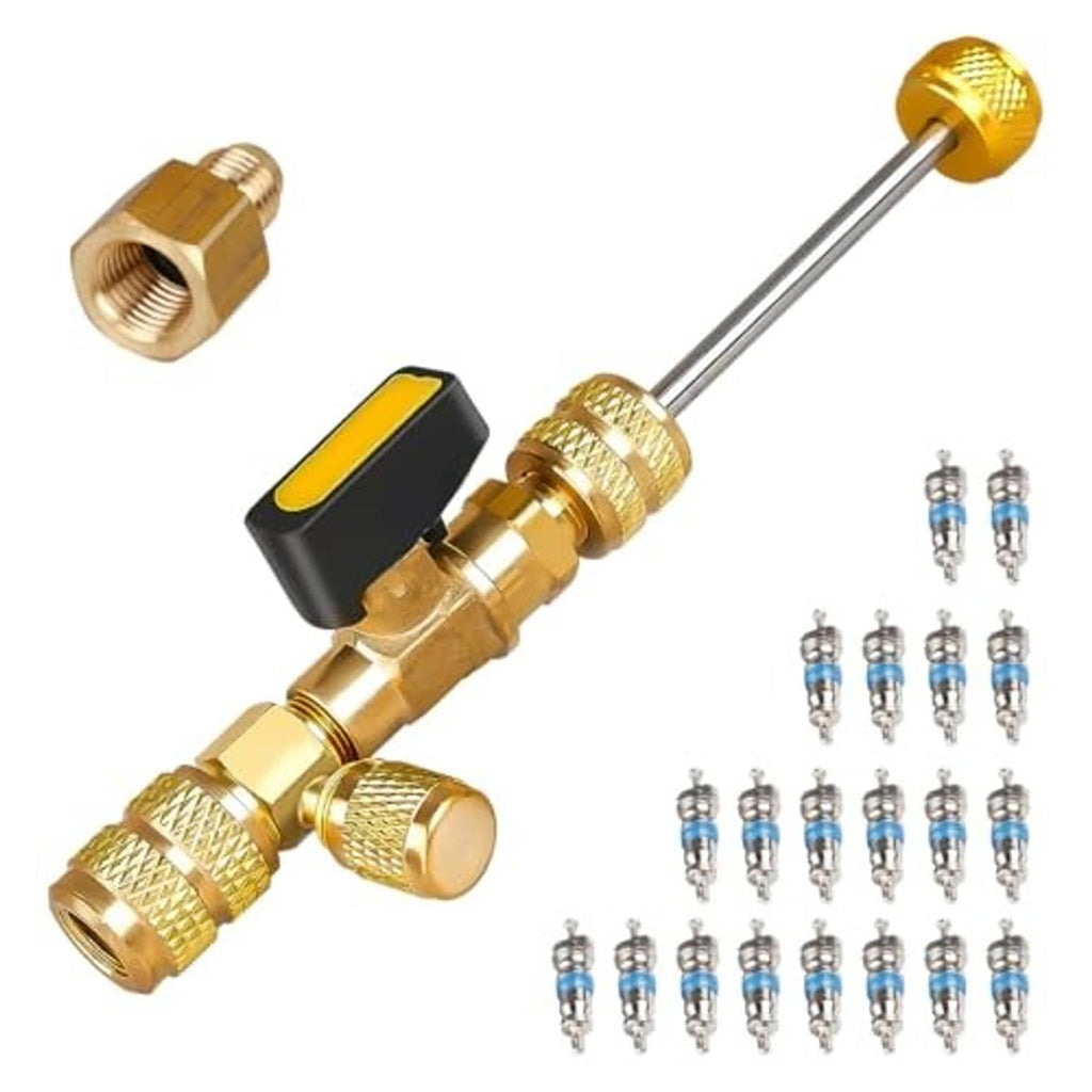 Brass dual-size valve core remover/installer tool with yellow-black handle and spare cores