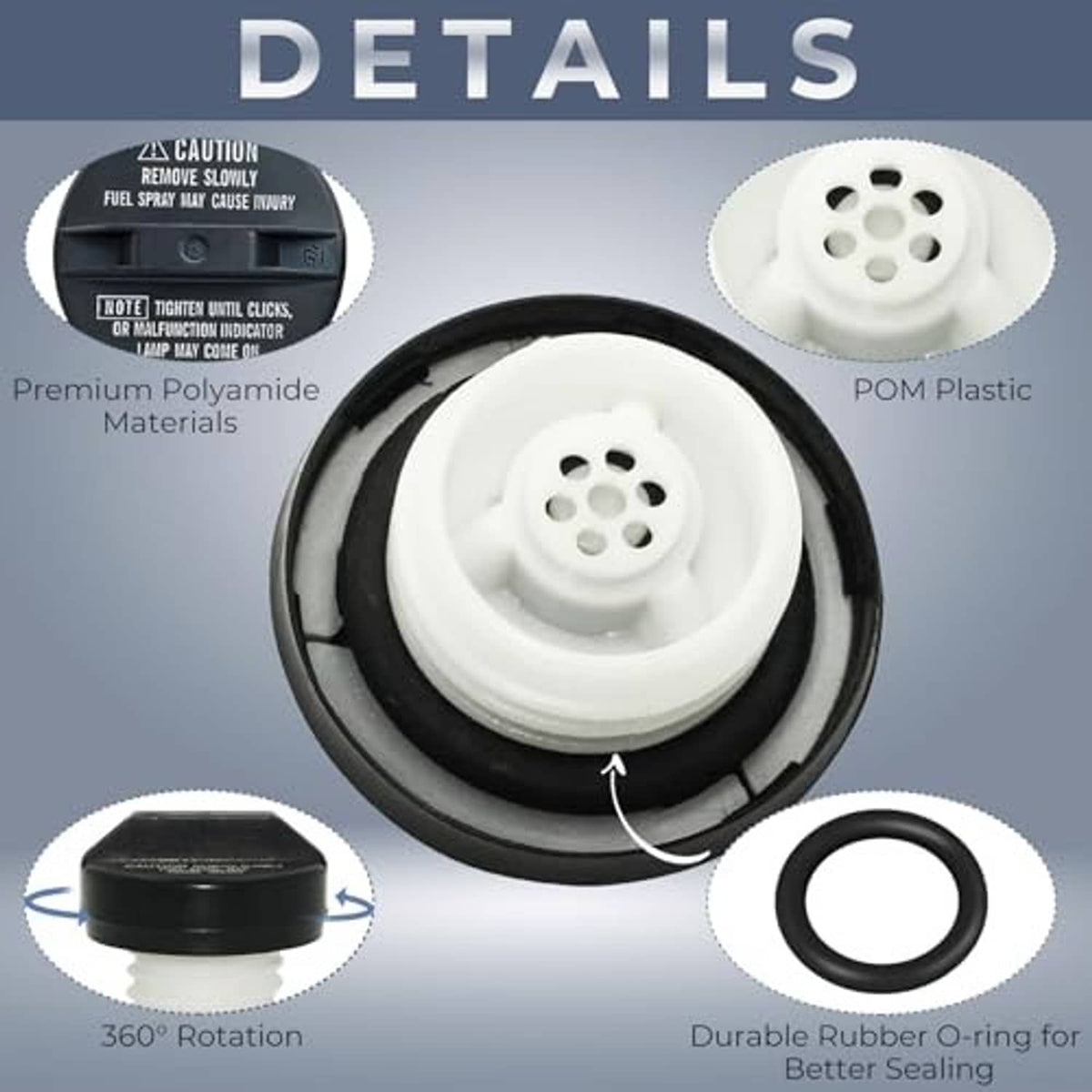 Fuel tank cap detail with white POM insert and black rubber O-ring seal
