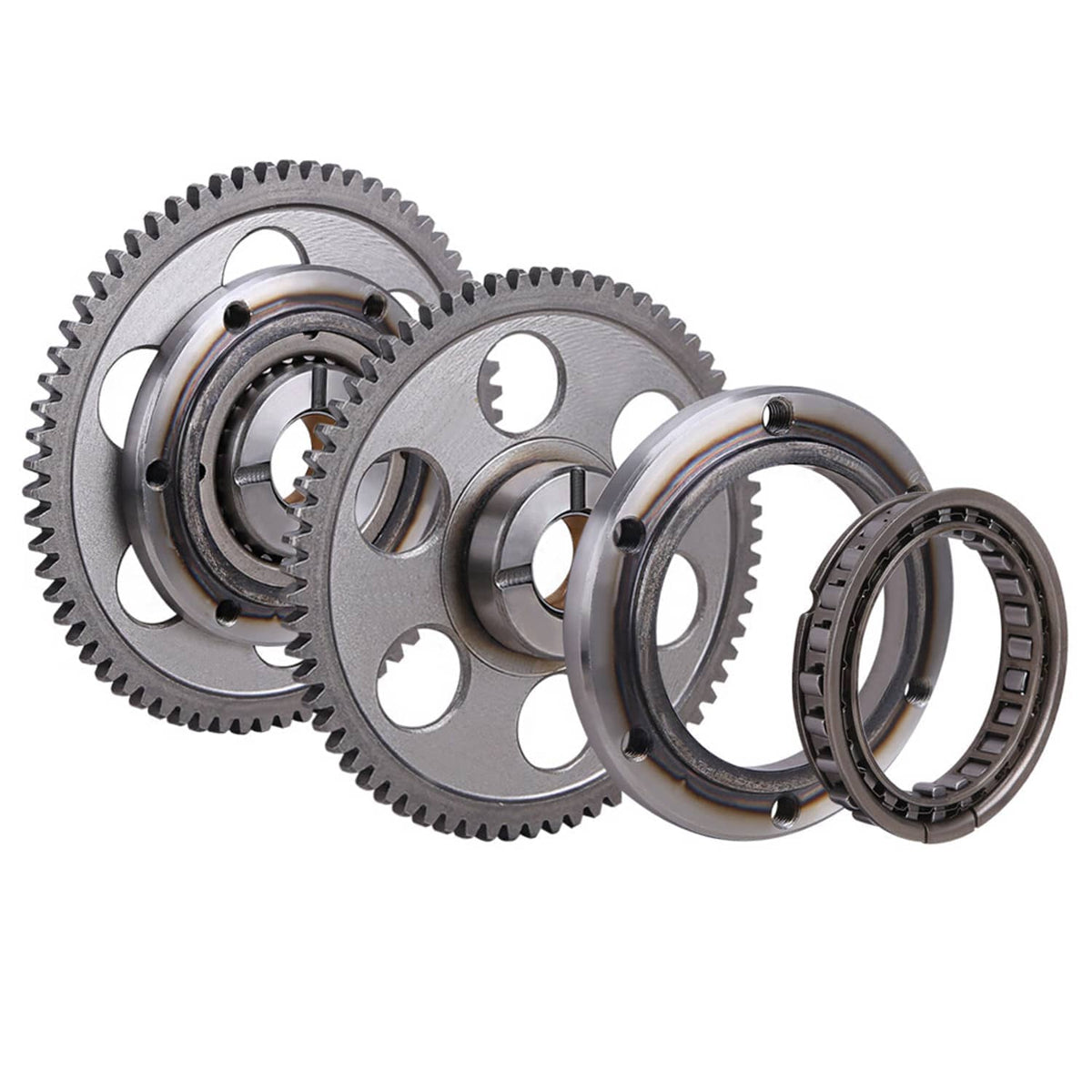 Starter clutch sprag gear idler kit with toothed gears, sprag bearing, and ring seals