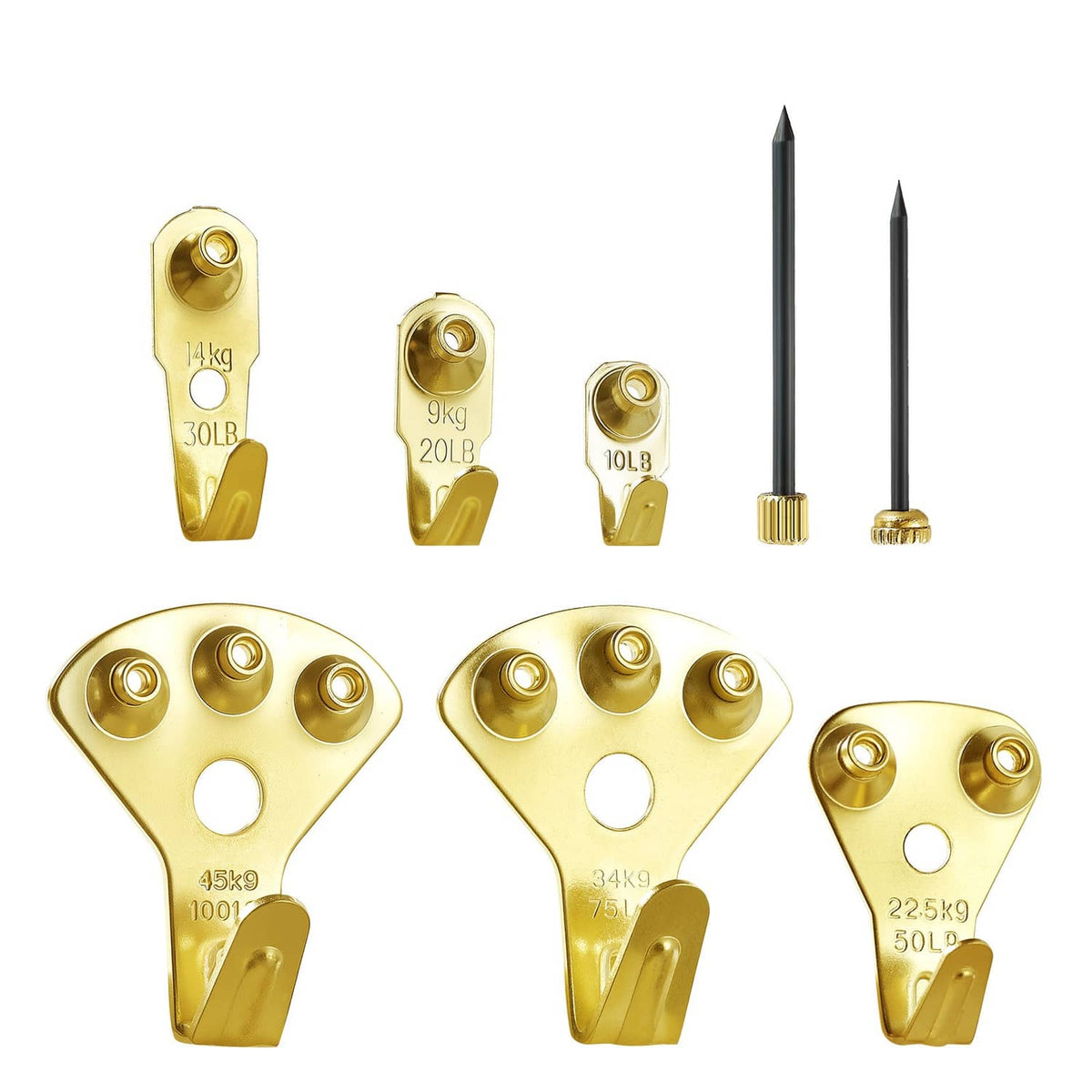 Gold metal picture hanging hook kit with multiple hooks and nails, rated weight markings
