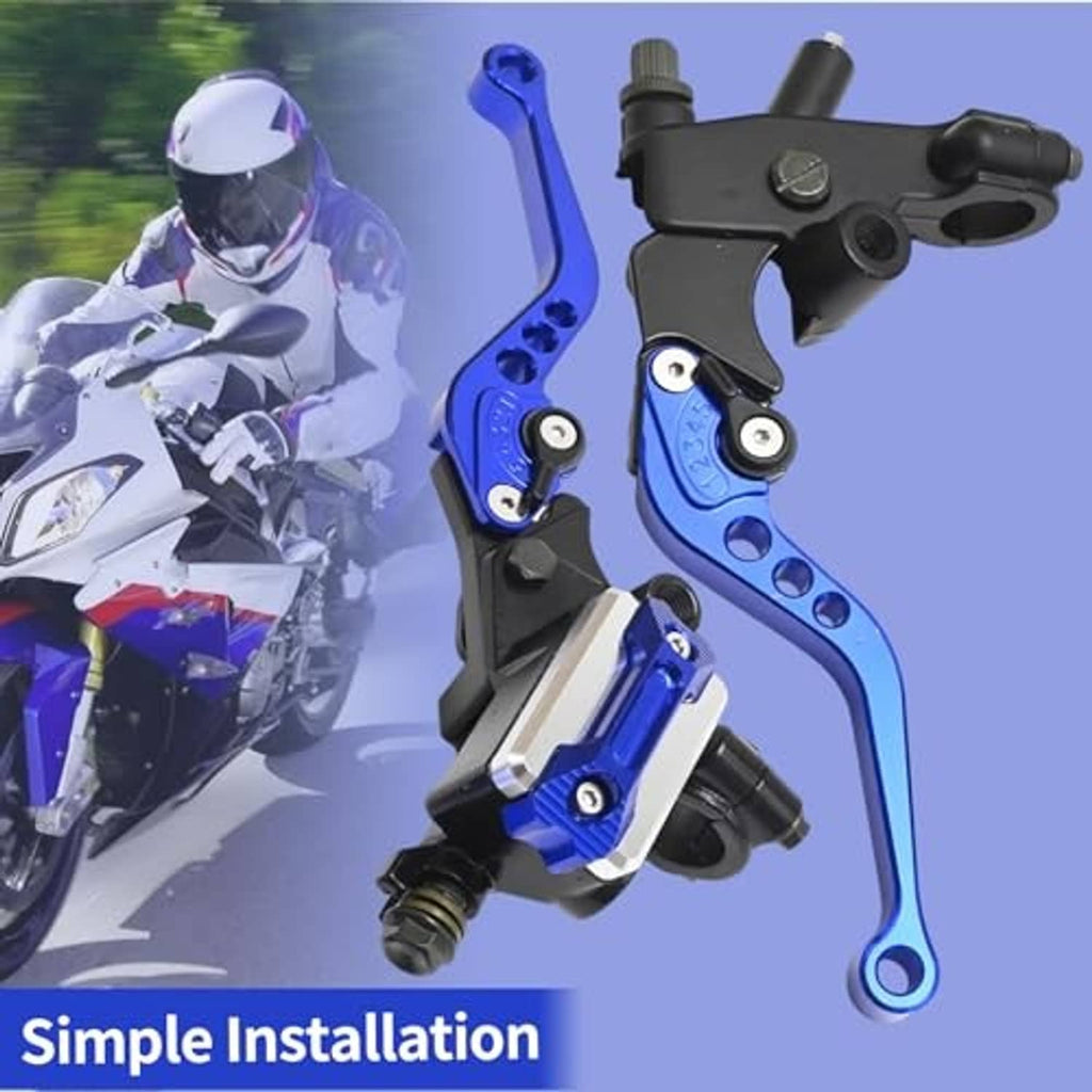 Motorcycle brake lever installed on handlebar with blue lever arm and black master cylinder