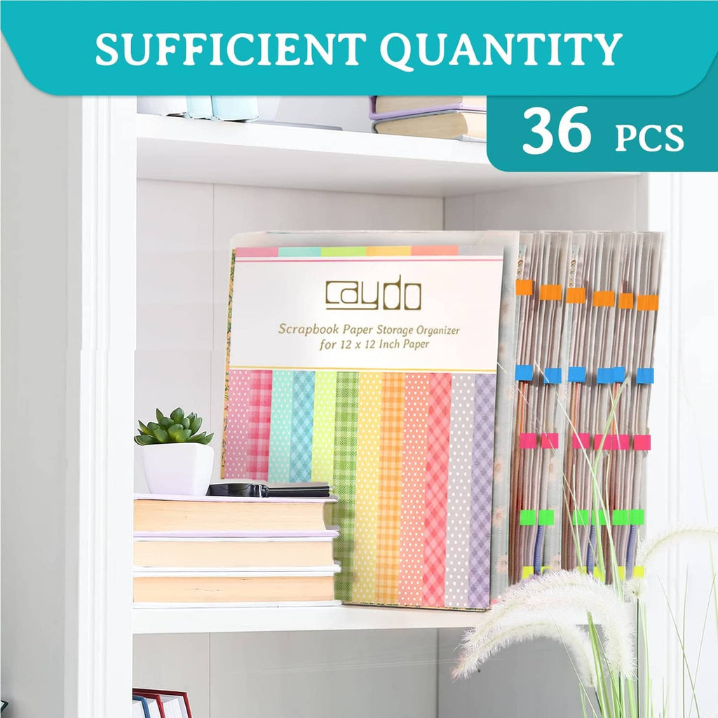 Clear scrapbook paper organizer set with multiple frosted pockets and colorful sticky tabs