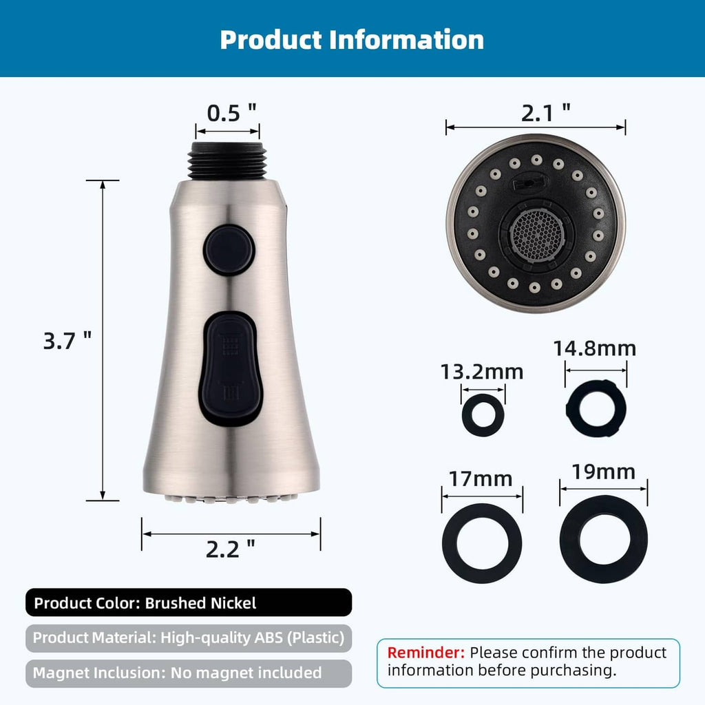 Brushed nickel faucet sprayer head with dimension diagram and nozzle face size