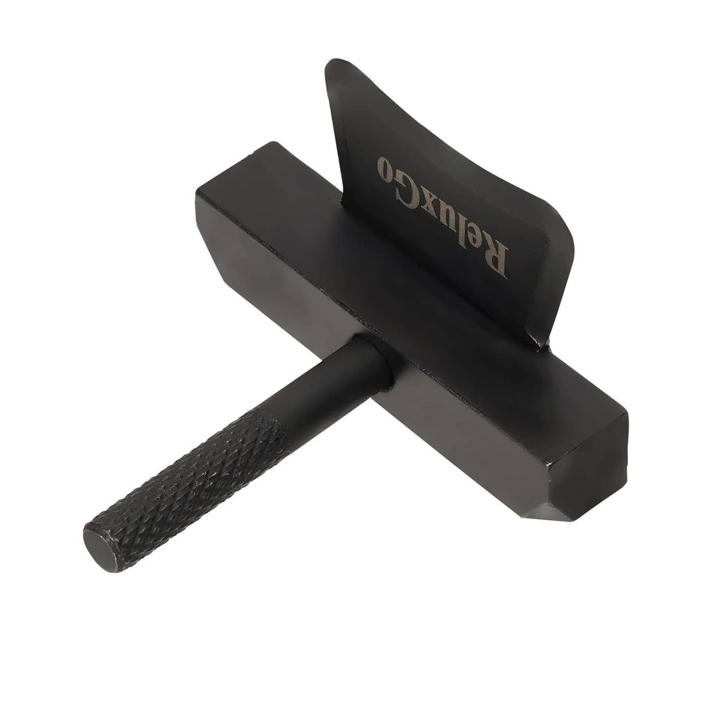 Black oil pan separator tool with curved head and textured grip handle
