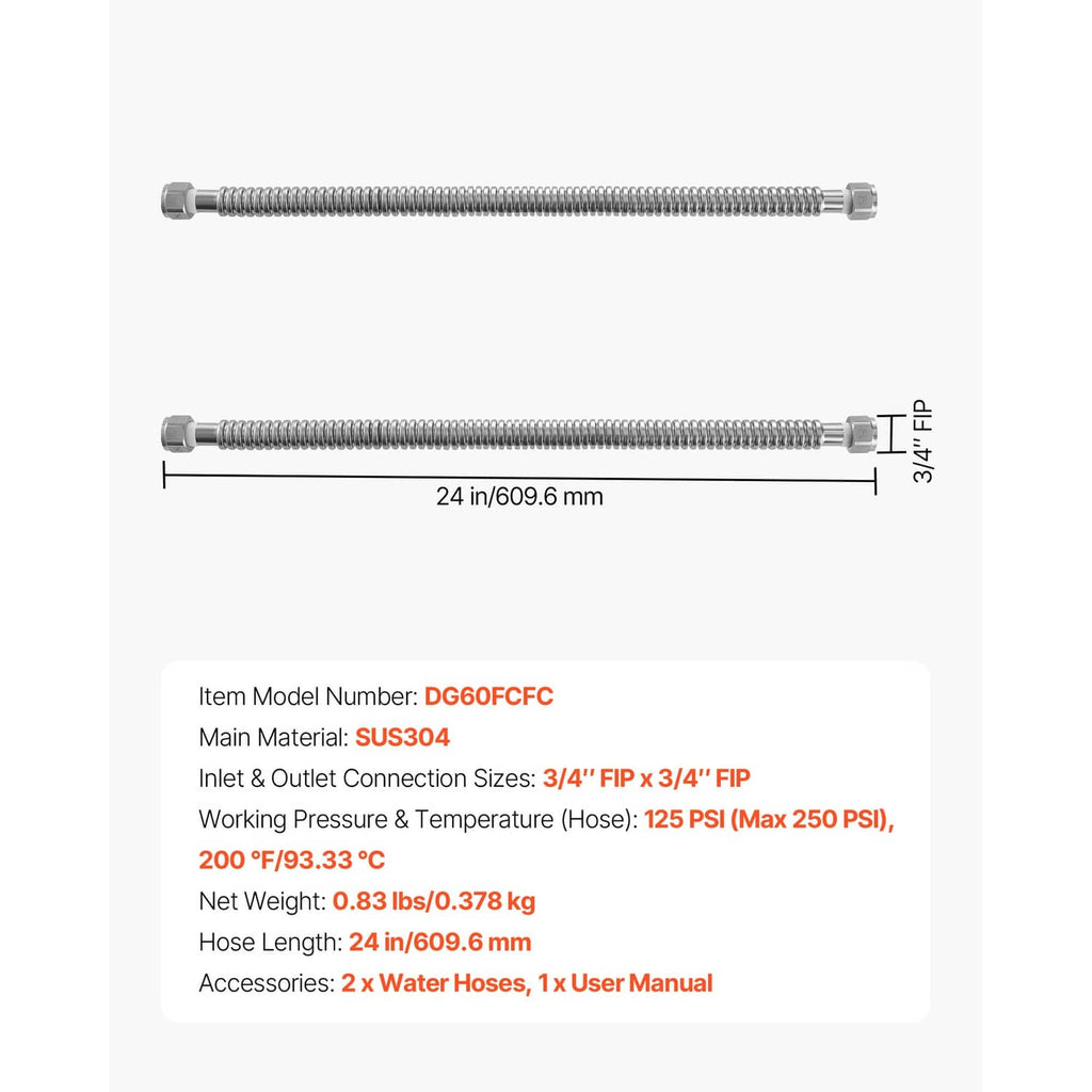 24 in flex connector hoses with 3/4 in FIP ends, diagram view
