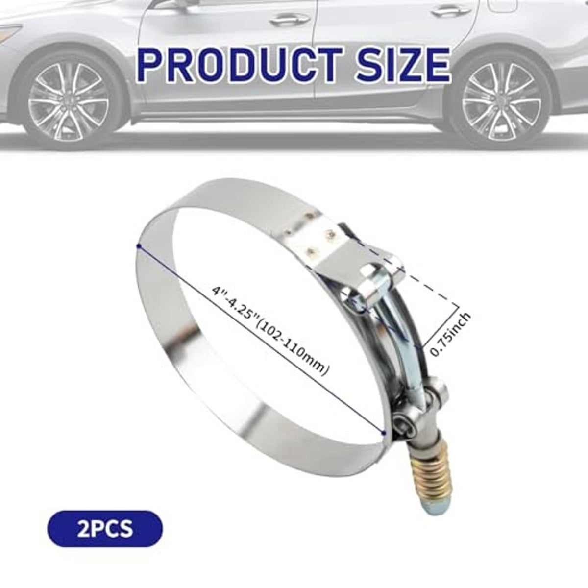 Single stainless T-bolt hose clamp with marked range 4"-4.25" (102-110mm)