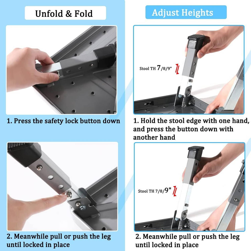 Gray folding step stool illustrating unfolding and adjustable height locking