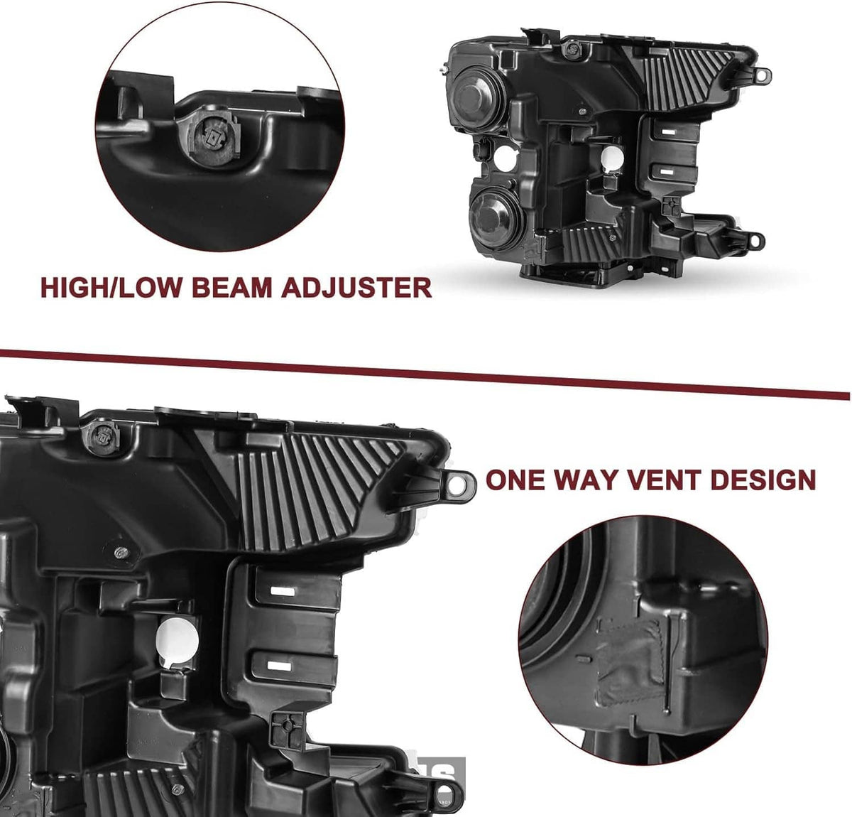 Black headlight housing with high/low beam adjuster and vented one-way design