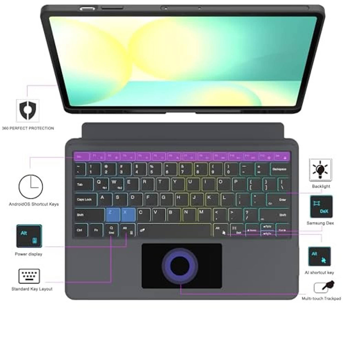 Keyboard case with backlit keys, trackpad, and touchpad control area