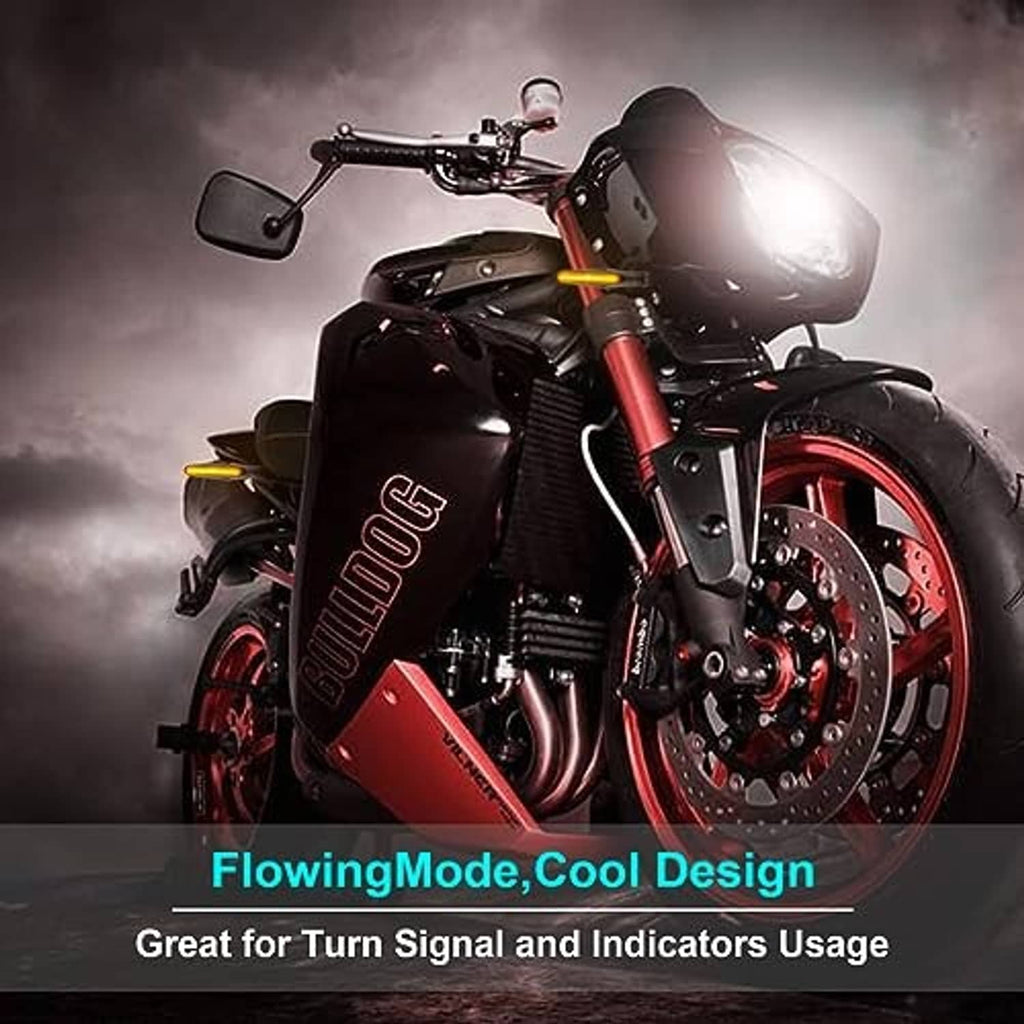 Motorcycle with amber flowing LED turn signal indicators lit, mounted on front fairing