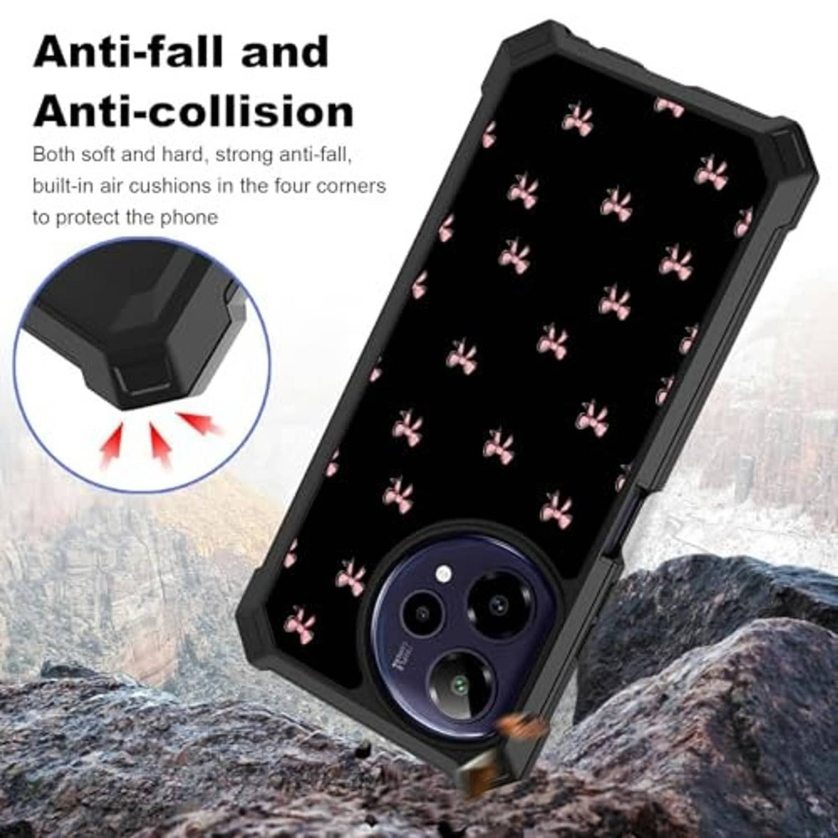 Durable phone case with pink bow pattern, rugged black corners and camera opening