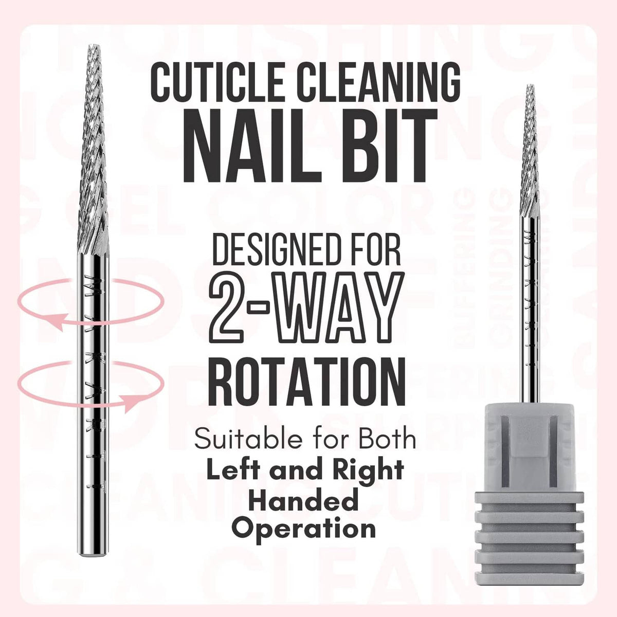 Carbide cuticle cleaning nail bit with gray base, designed for left/right rotation