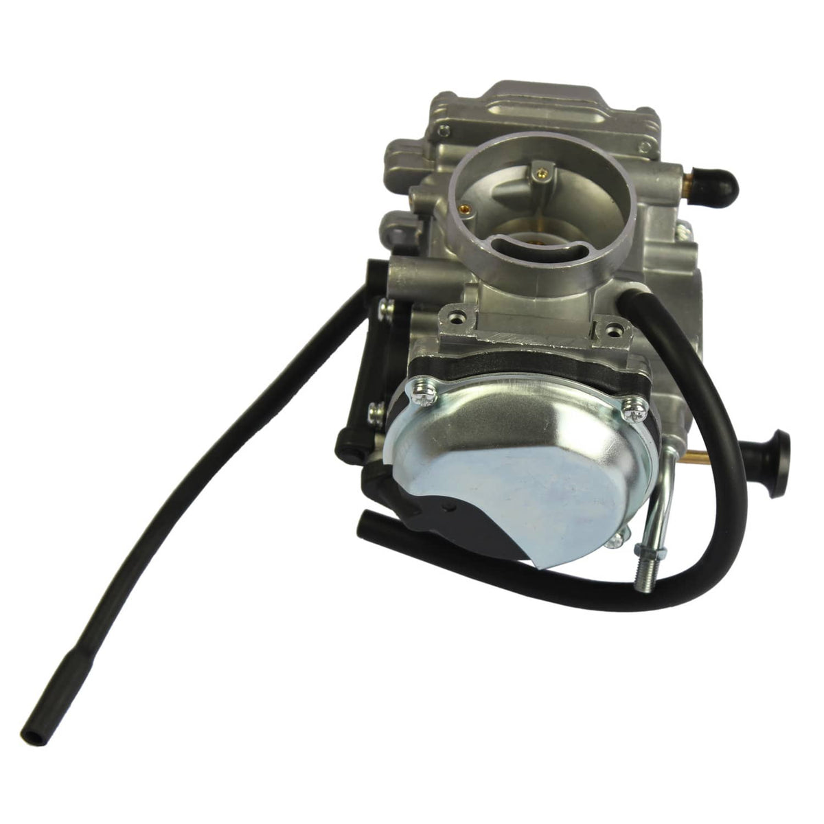 ATV carburetor from front angle with brass adjustment screw and intake tube