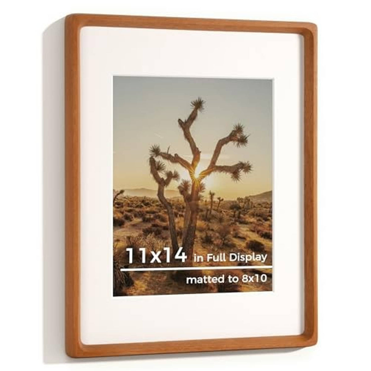 11x14 solid wood photo frame in natural teak with white mat and clear front window