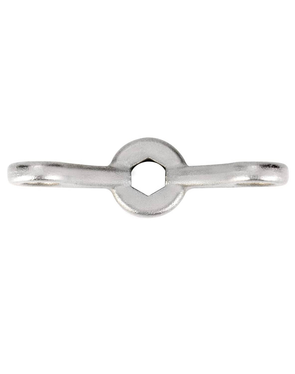 Silver hex socket wrench tool, circular center boss and dual bar ends