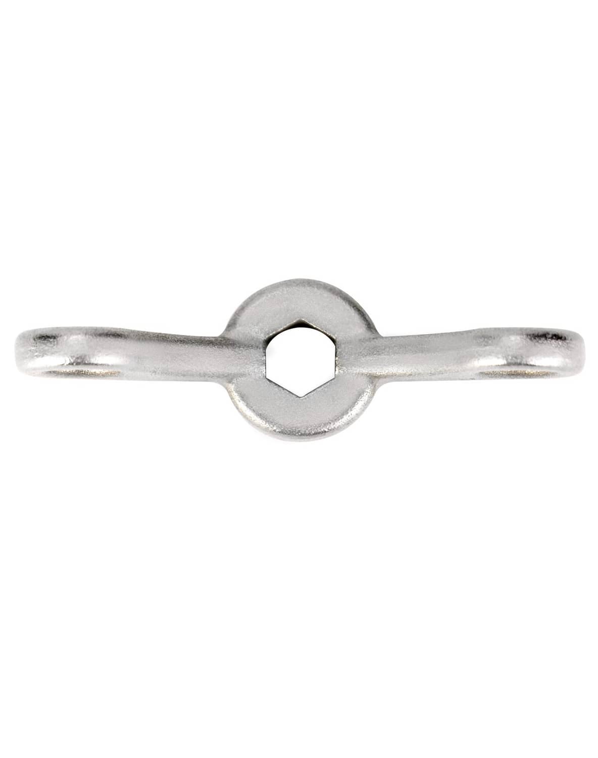 Silver hex socket wrench tool, circular center boss and dual bar ends