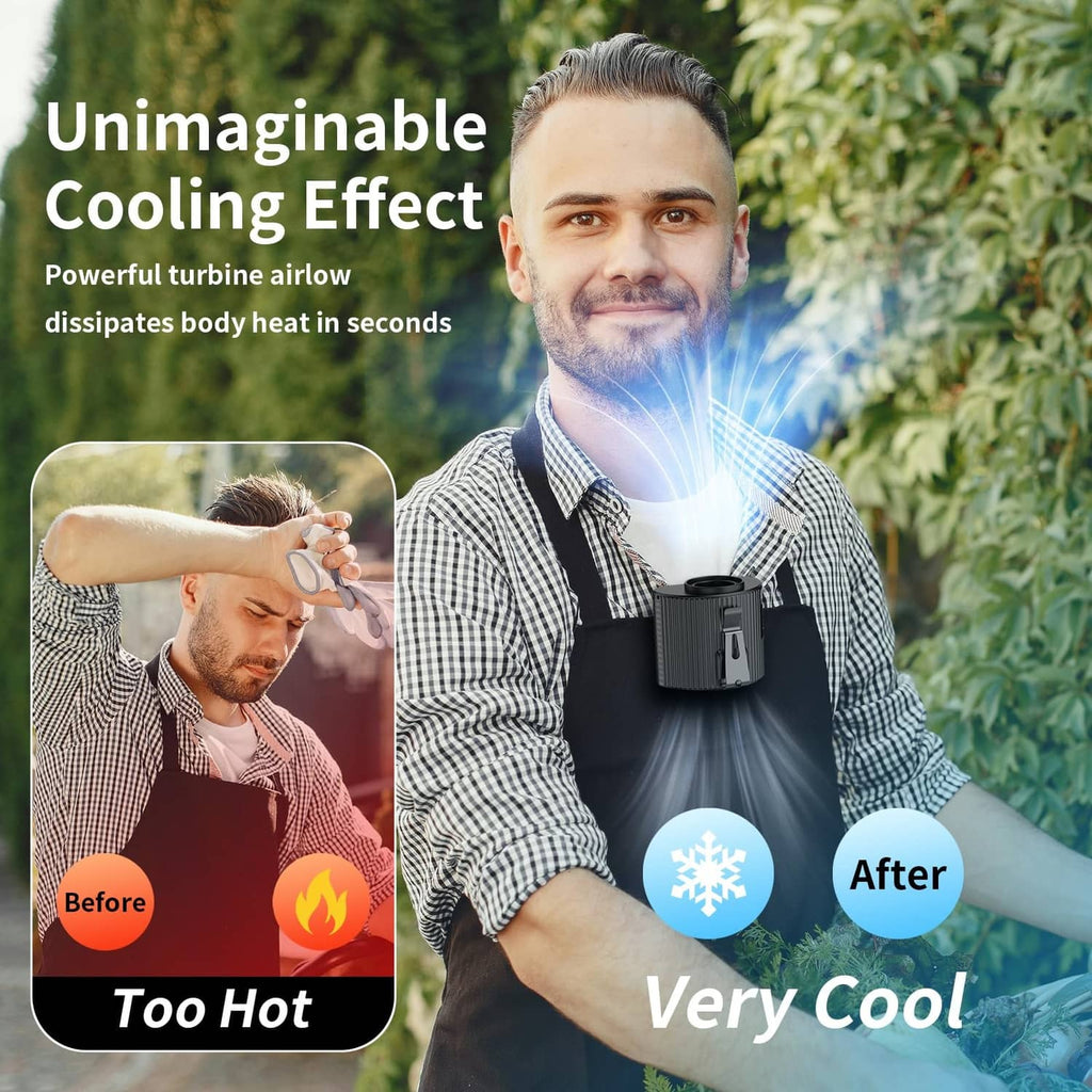 Black belt clip fan strapped on a person for cooling airflow toward the body
