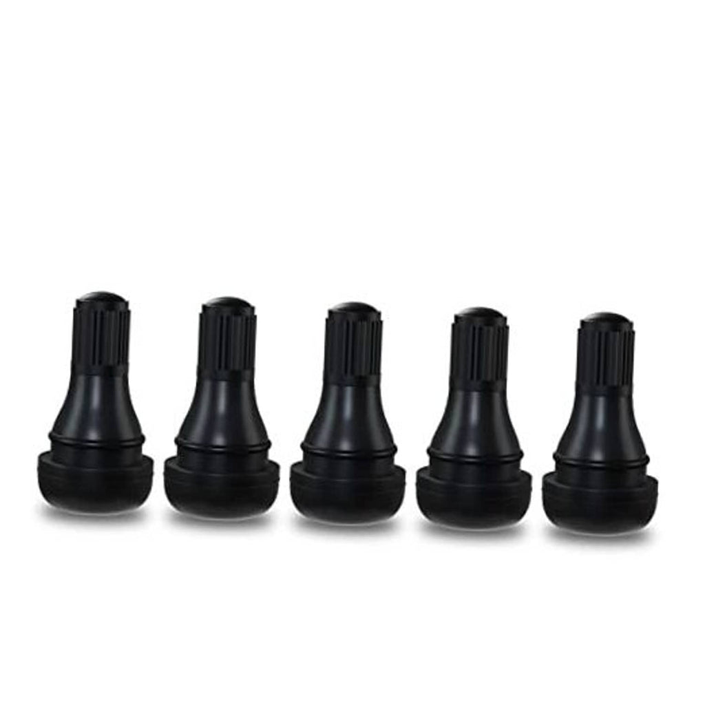 Set of five black rubber snap-in tire valve stems with ridged top