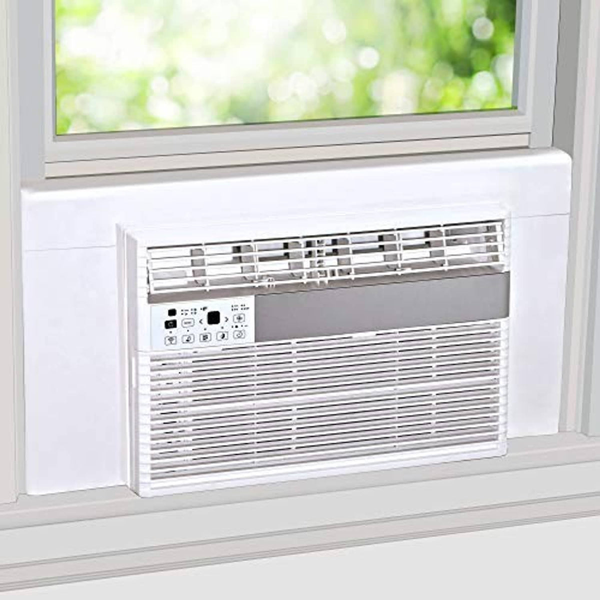 White insulation side panels surrounding a window air conditioner in its window frame