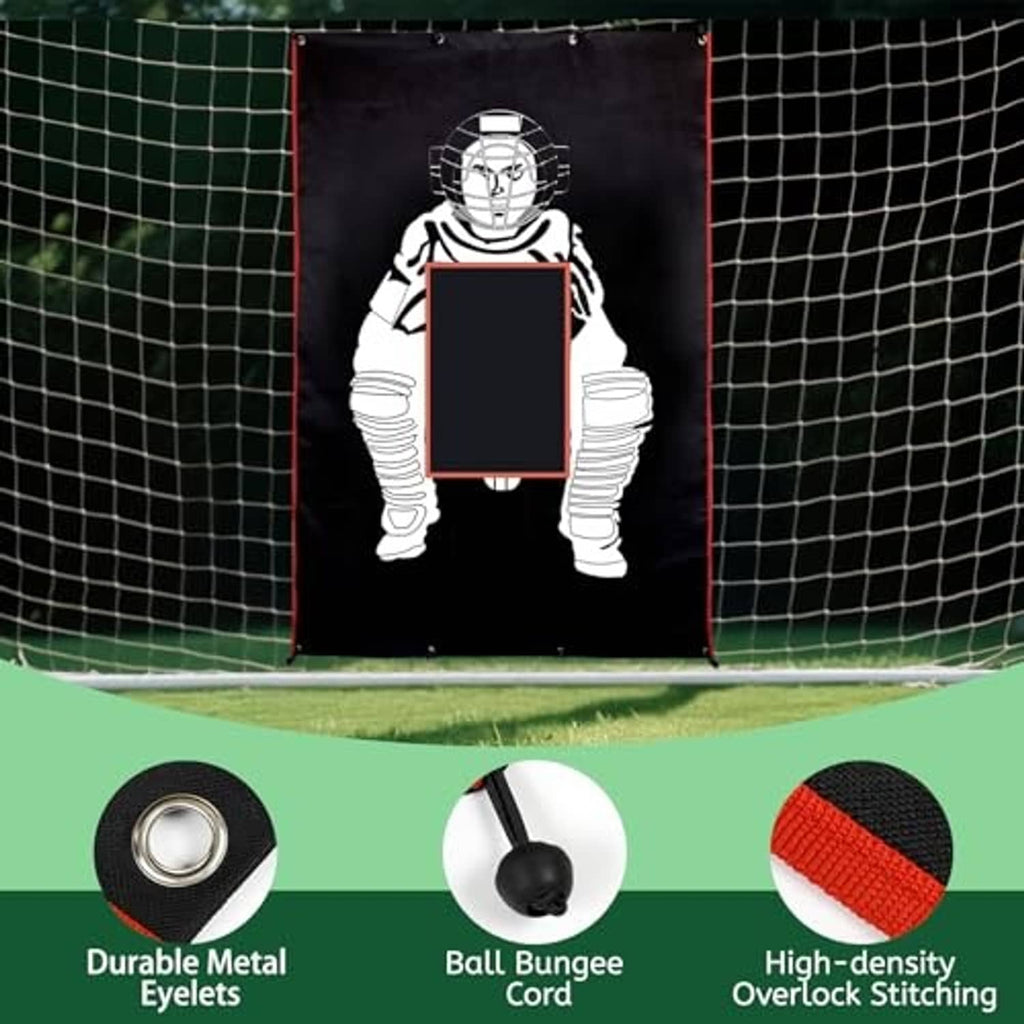 Black strike zone backstop panel with red frame, shown with accessory material icons