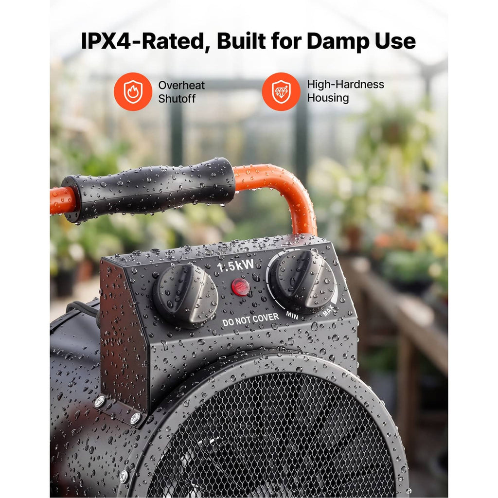 Electric greenhouse heater with splashproof design and orange frame, water droplets on unit