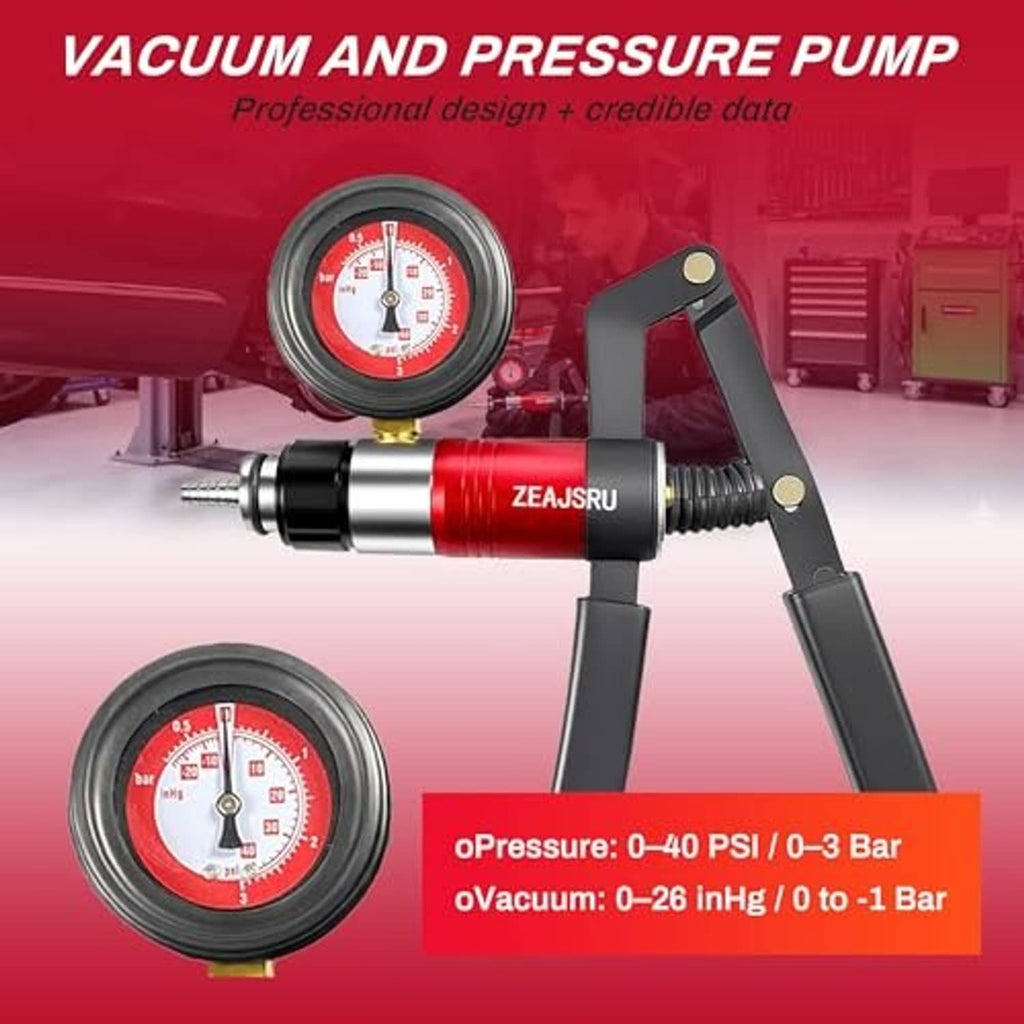 Red vacuum/pressure pump with round gauge, black hand lever, and threaded nozzle