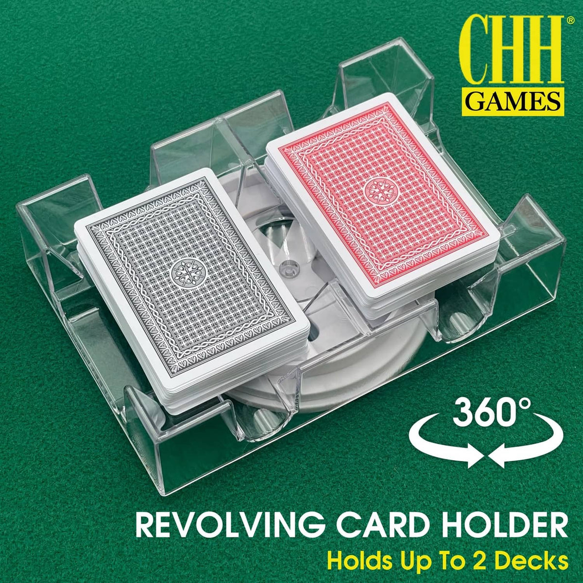 Clear revolving card holder holding two playing card decks: red and black