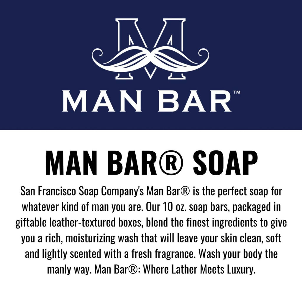 Man Bar soap box label with blue logo and Man Bar Soap branding