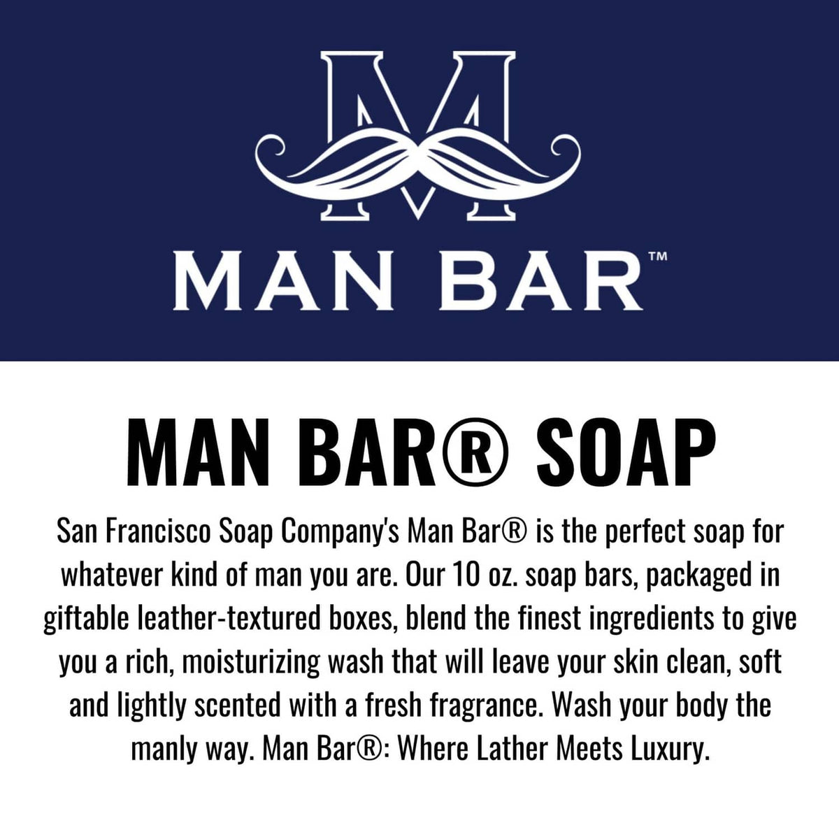 Man Bar soap box label with blue logo and Man Bar Soap branding