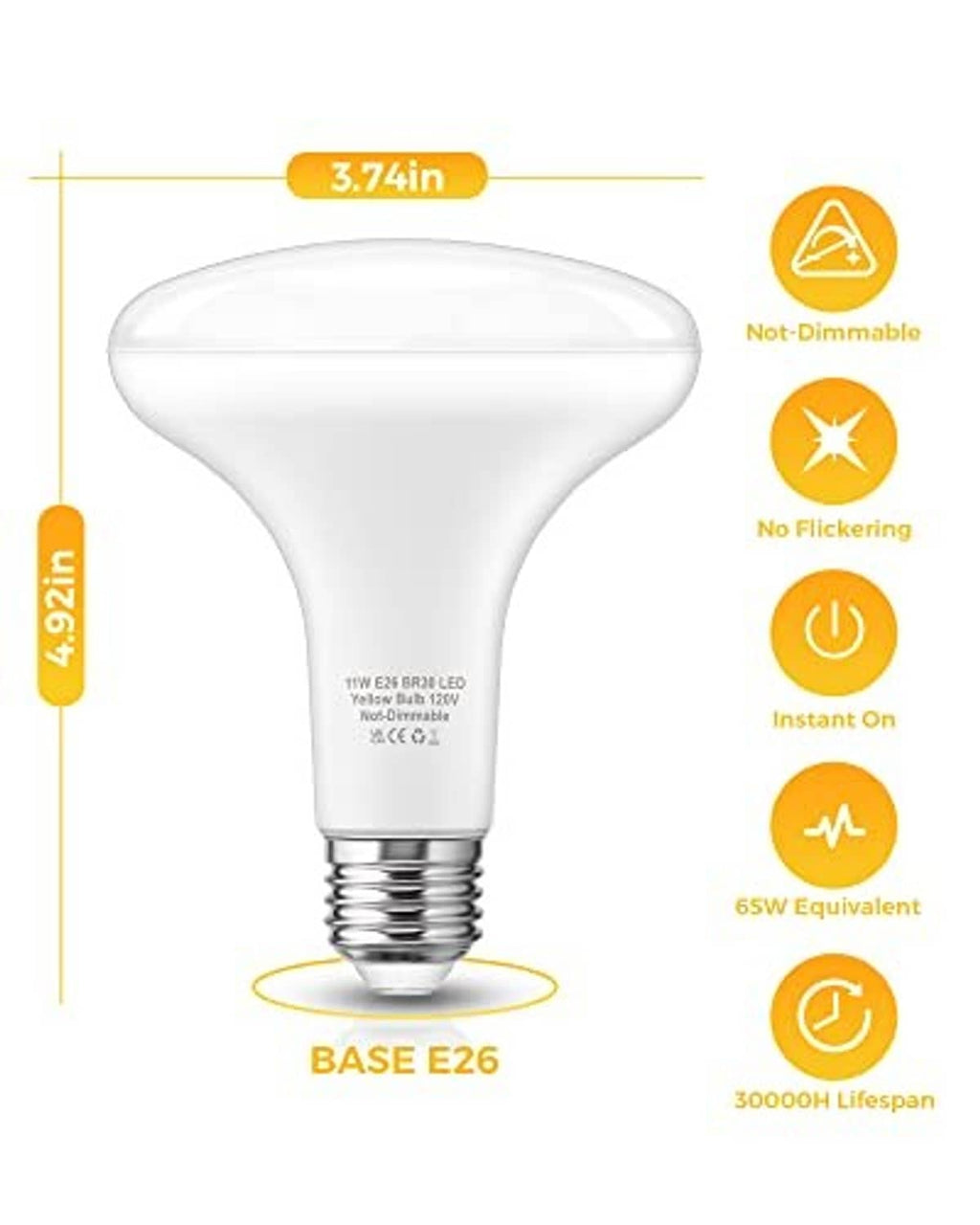 Yellow BR30 LED bug light bulb with E26 base, not dimmable, no flicker