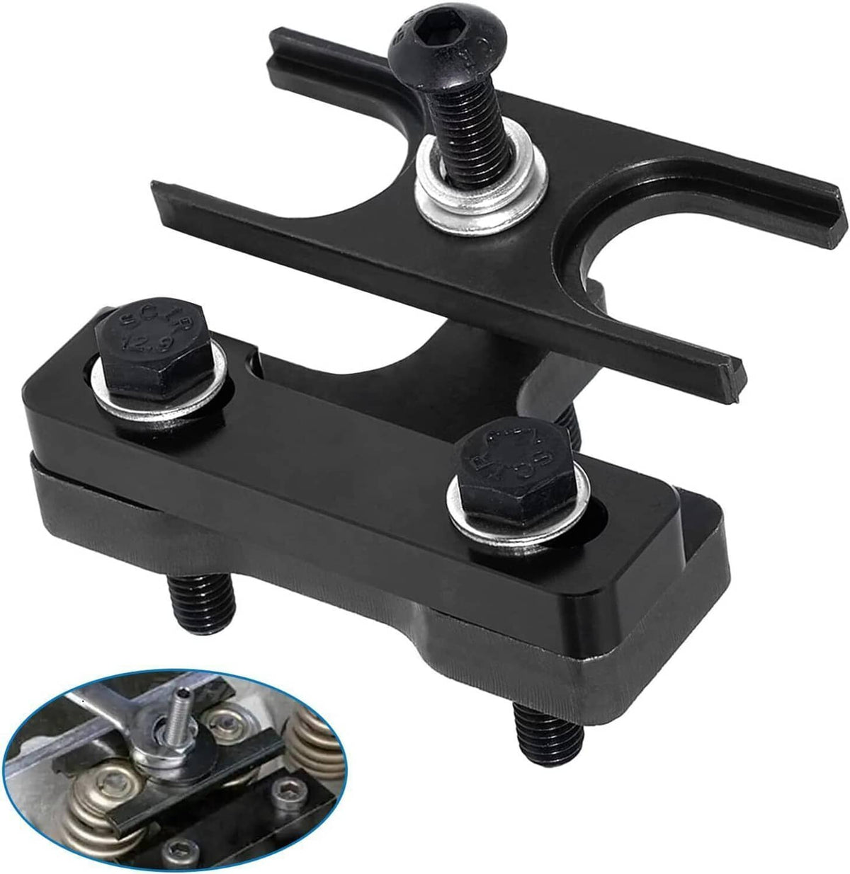 Black valve spring compressor tool with center threaded screw, hex bolts, and side fork arms