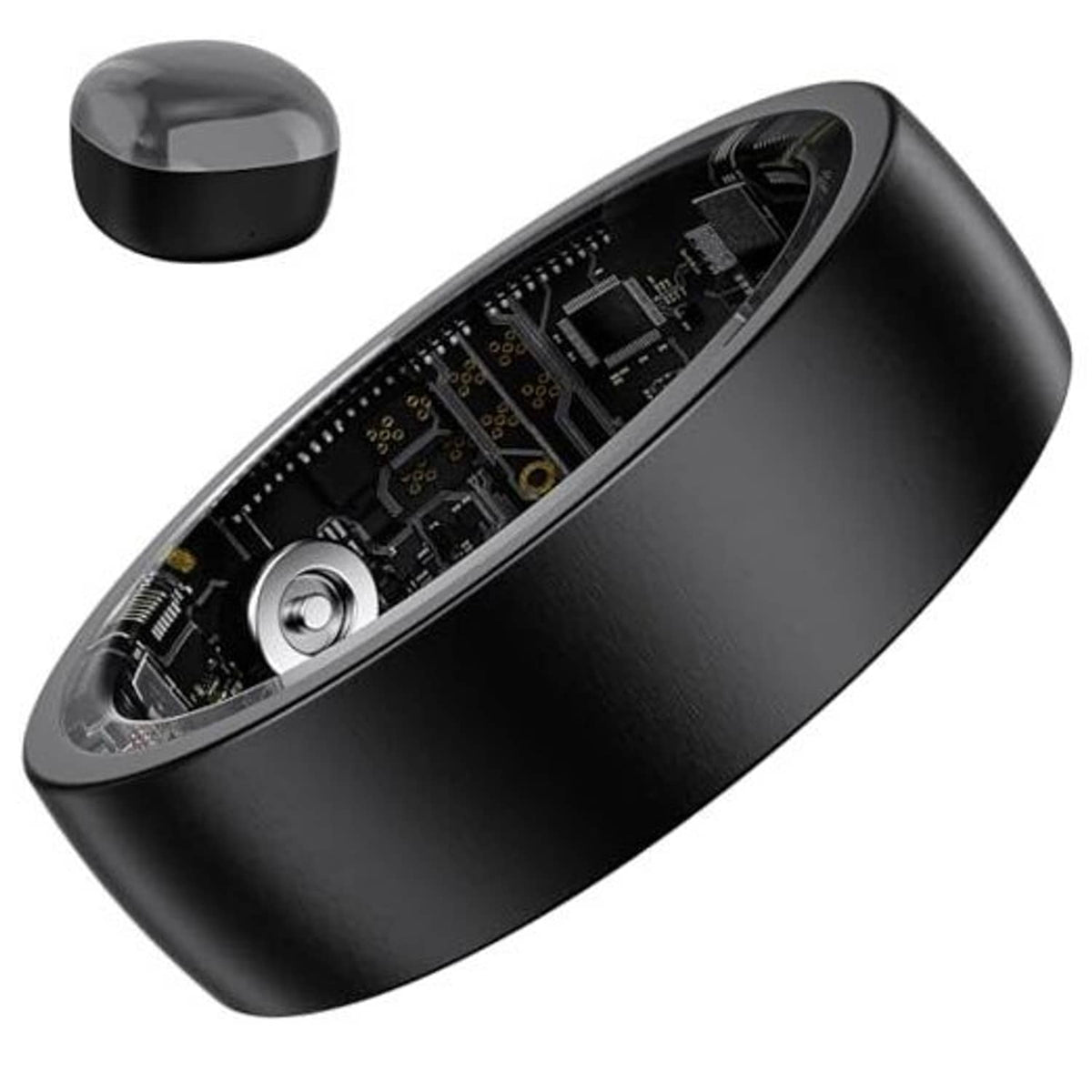 Black smart ring with a dark glossy finish and visible sensor module on the side.