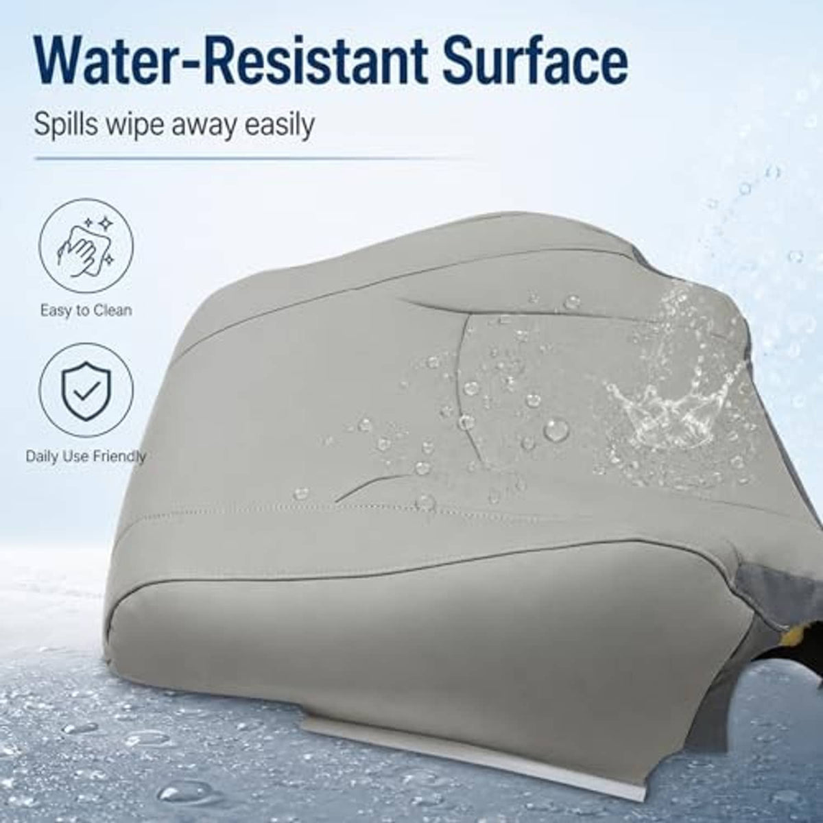 Gray seat bottom replacement cover with water-resistant surface and droplets