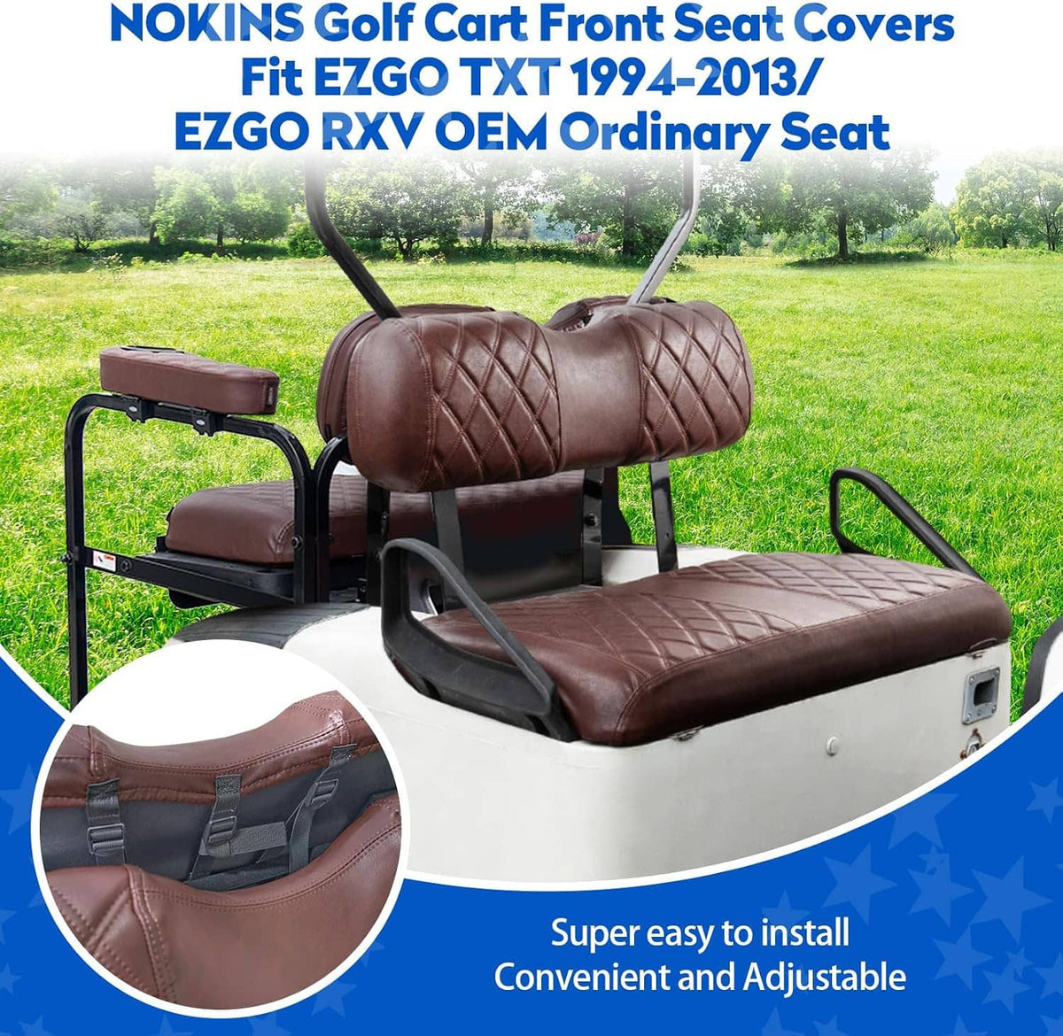 Brown quilted front golf cart seat cover with padded armrests and cup holders
