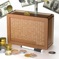 Wooden cash-vault savings box with money-grid window, coins, and top slot