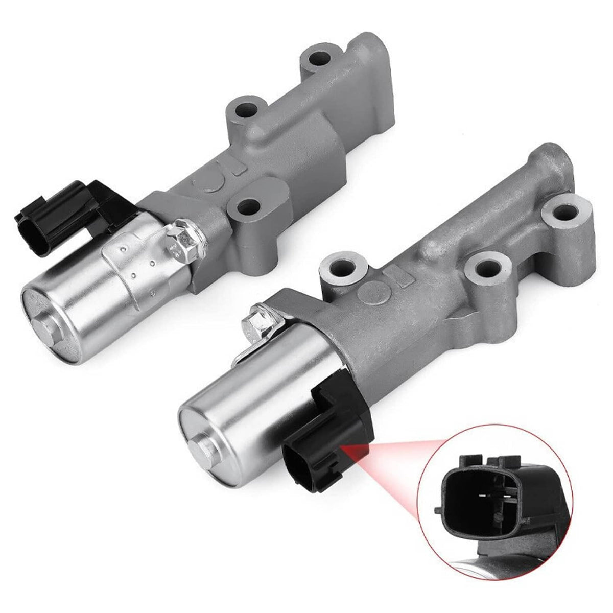 VVT solenoid valves set with black plug connectors and silver cylinder bodies