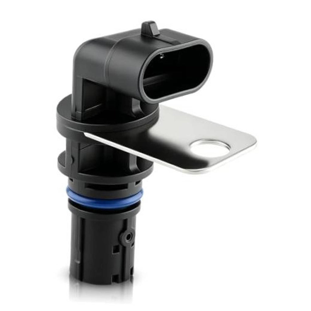 Crankshaft position sensor with black housing, silver bracket, and blue rubber seal