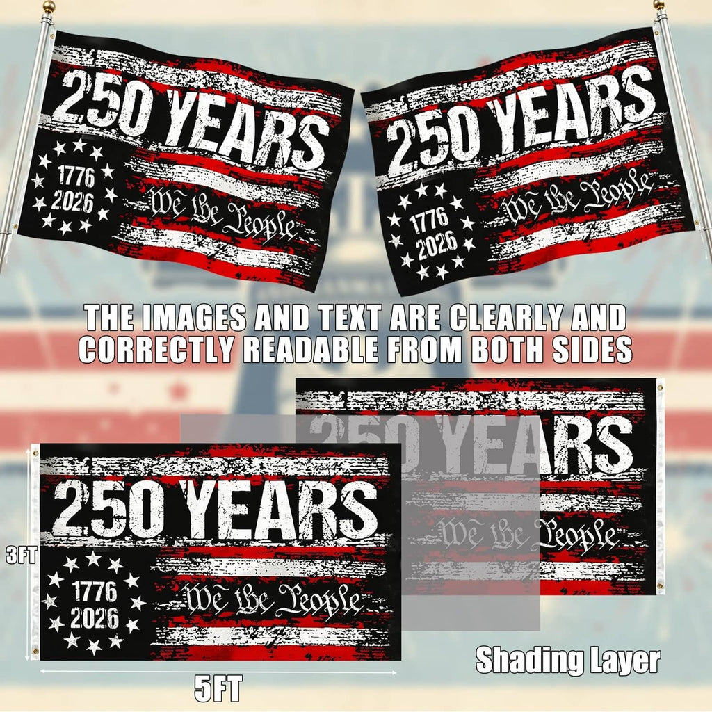 Black 250 years USA flag close-up showing two readable panels and the “We the People” text