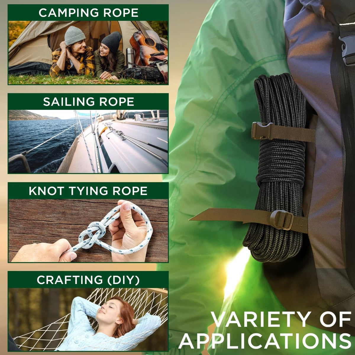 Black braided rope coil secured with wrap band for camping and DIY use
