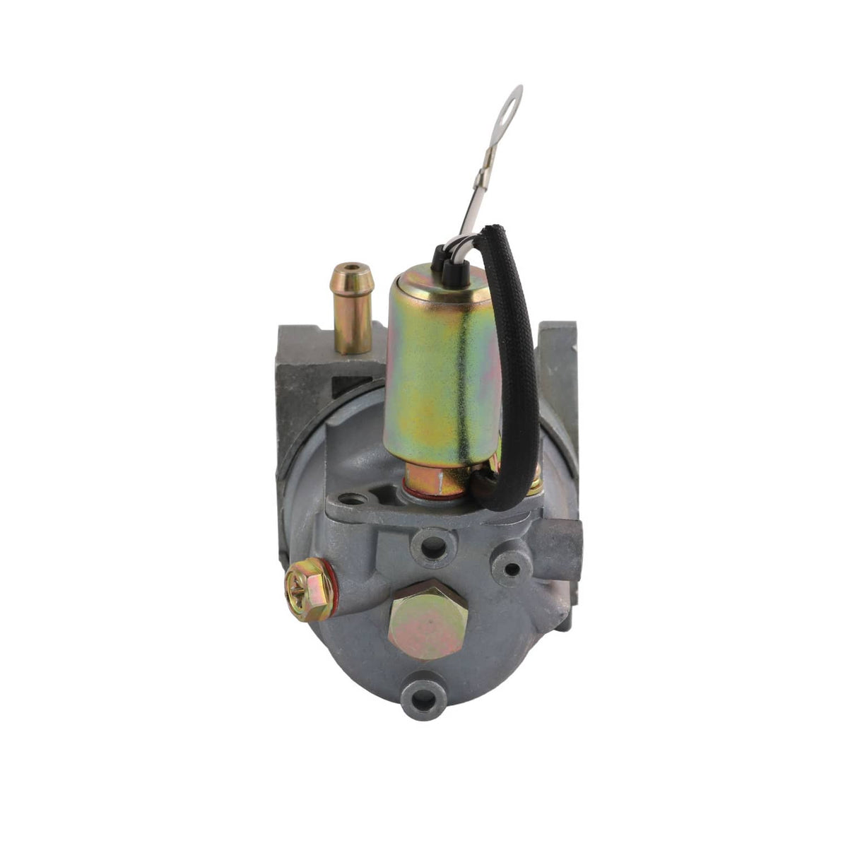 Carburetor assembly with gray body, rainbow cylinder, and metal wire control link