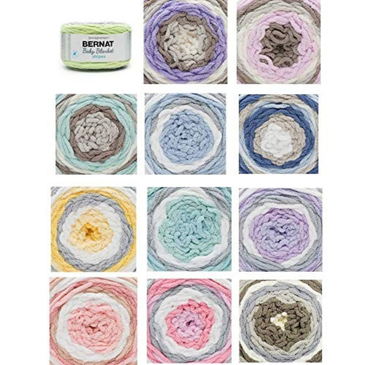 Assorted self-striping Bernat Baby Blanket yarn colors shown in circular swatches