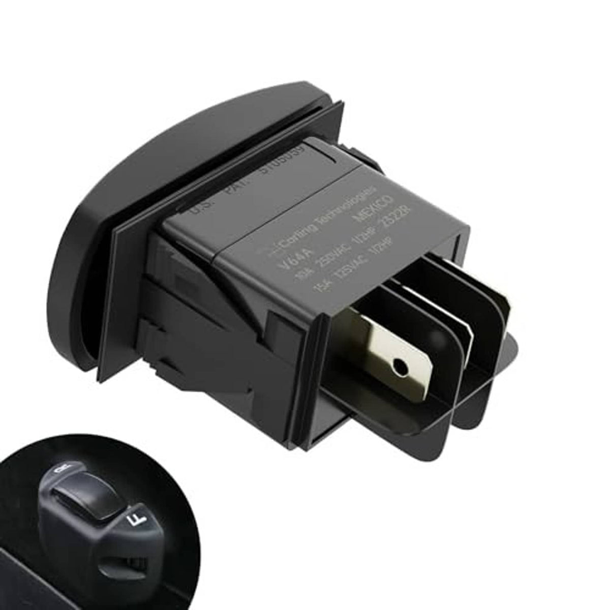 Black forward/reverse switch module with connector housing and mounting tabs