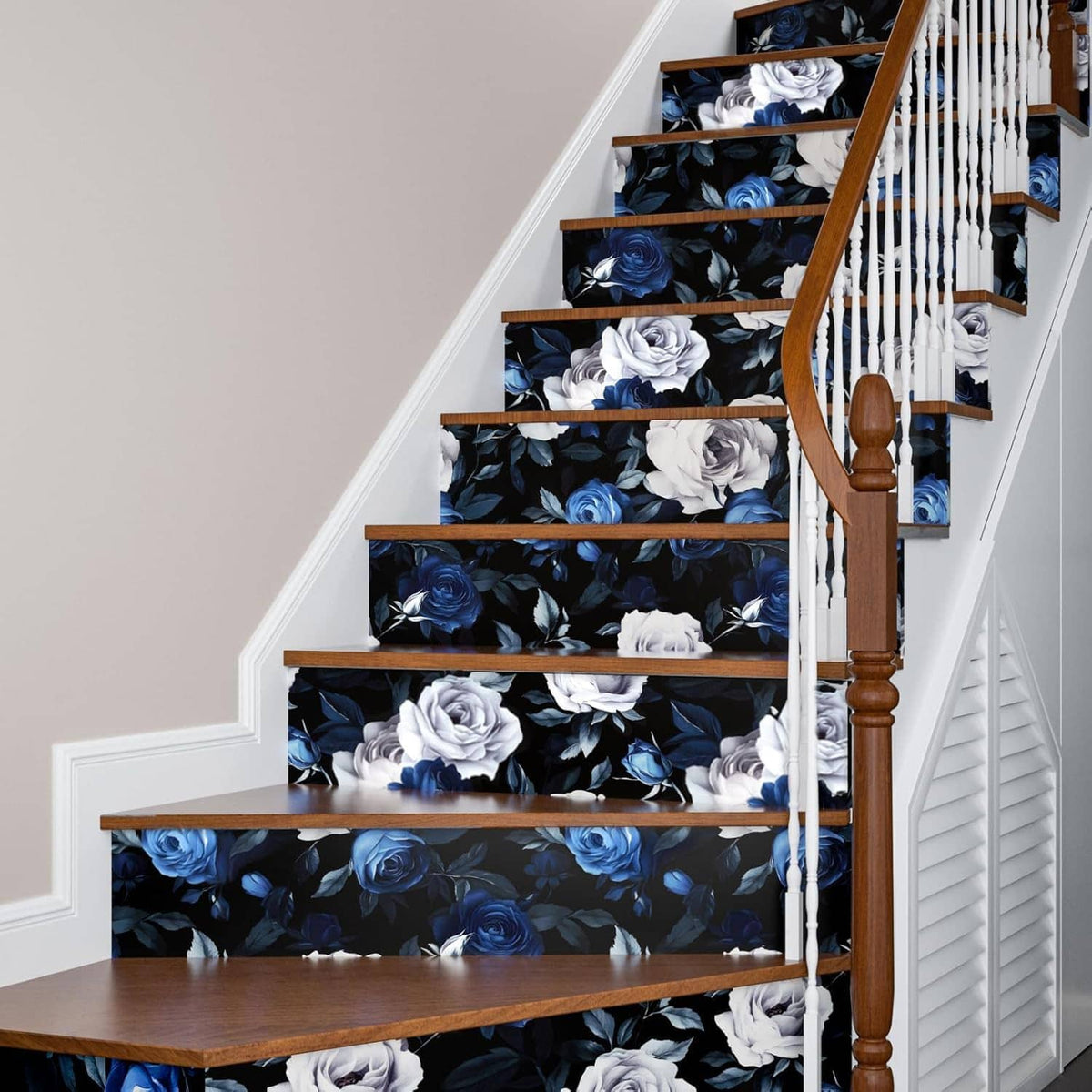 Staircase peel-and-stick wallpaper with blue and white rose pattern on steps
