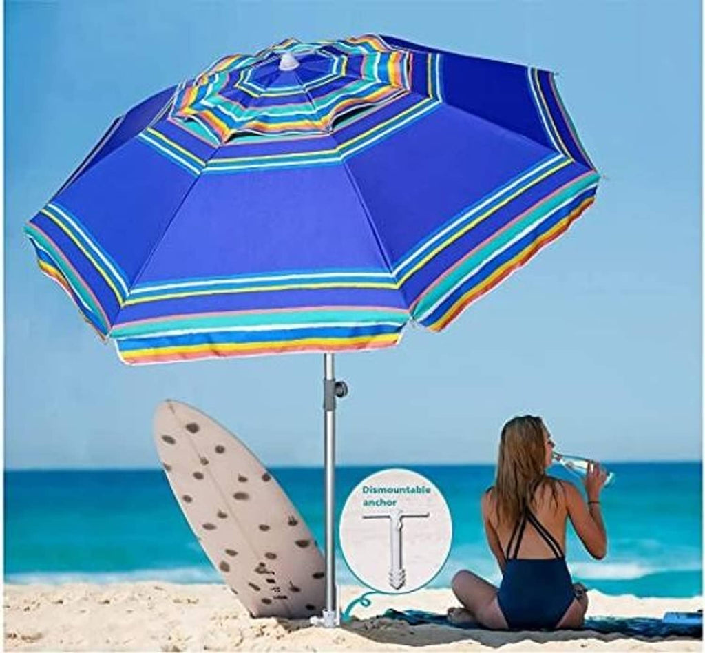 Blue striped beach umbrella mounted on foldable sand anchor stake